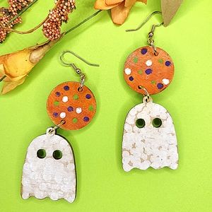 Halloween Ghost Earrings Wooden Handpainted Dangles Lightweight Pumpkin festival